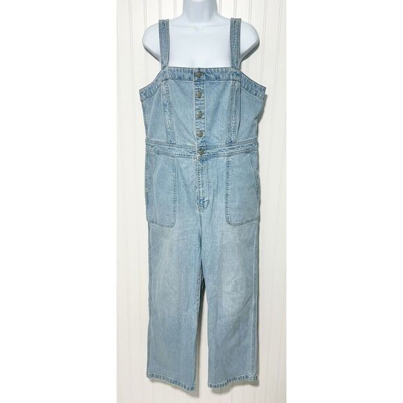 Madewell Light Wash Blue Stitched Strap Utility Pocket Denim Jumpsuit Size 14‎ - Picture 1 of 16